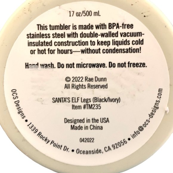 RAE DUNN Santa’s Elf Legs Tumbler Black Ivory Cup Lid 17oz Insulated Stainless N - Picture 5 of 8